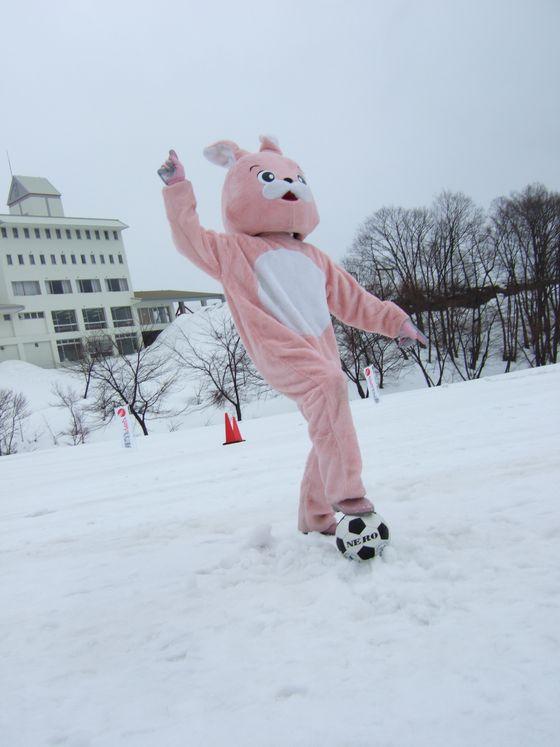 サッカーボールを足に持ってポーズを取るウサヒの写真