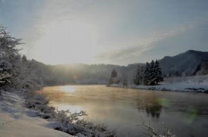 最上川の川岸にて撮影された朝日が川面に映っている写真