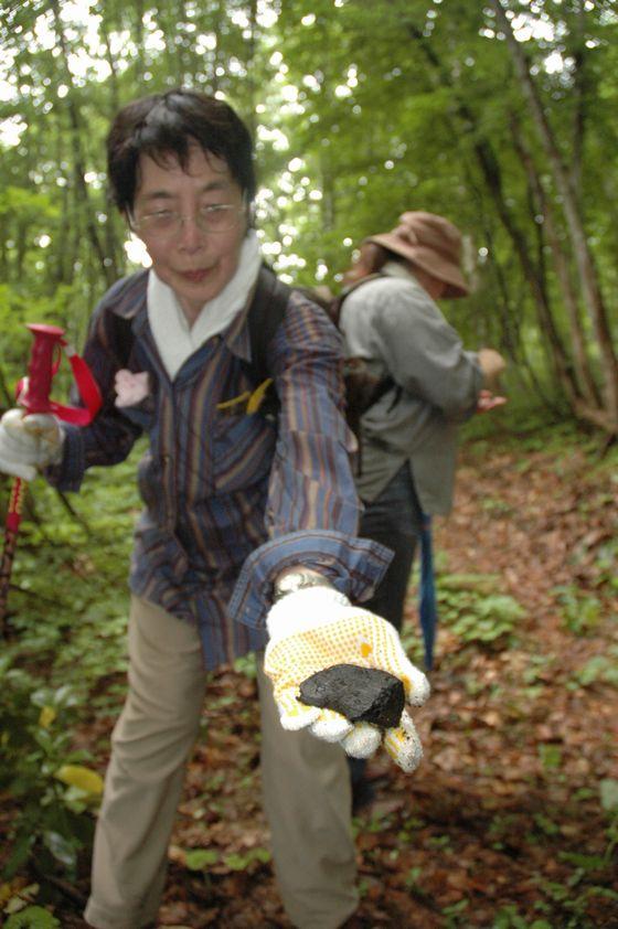 地面から炭を掘り出した参加者の写真