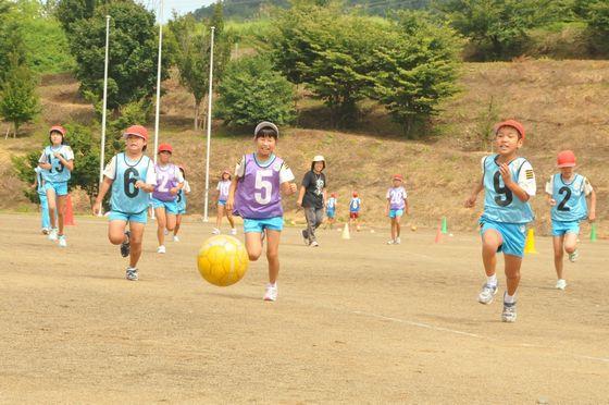 ミニゲーム中に転がった黄色いボールを追いかけている児童たちの写真