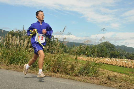稲杭が立ち並ぶ農村風景の横を走る走者の写真