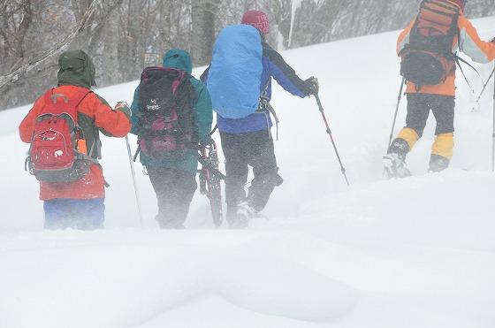 吹雪の中を進む参加者の写真