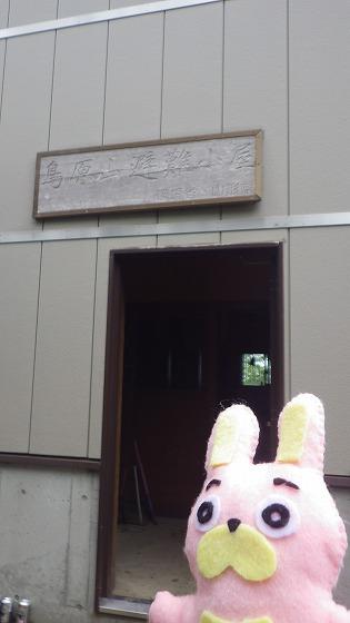 ウサヒのぬいぐるみと写る鳥原避難小屋入口の写真