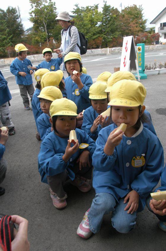りんごを美味しそうに食べる、さゆり保育園の園児たちの写真