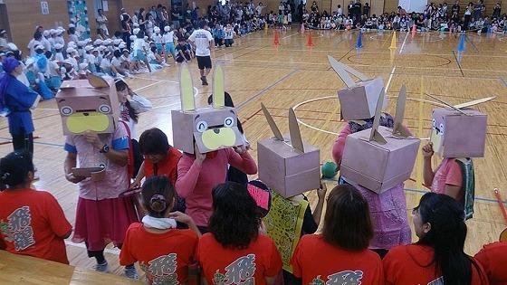 室内でウサヒのかぶり物をかぶっている人たちの写真