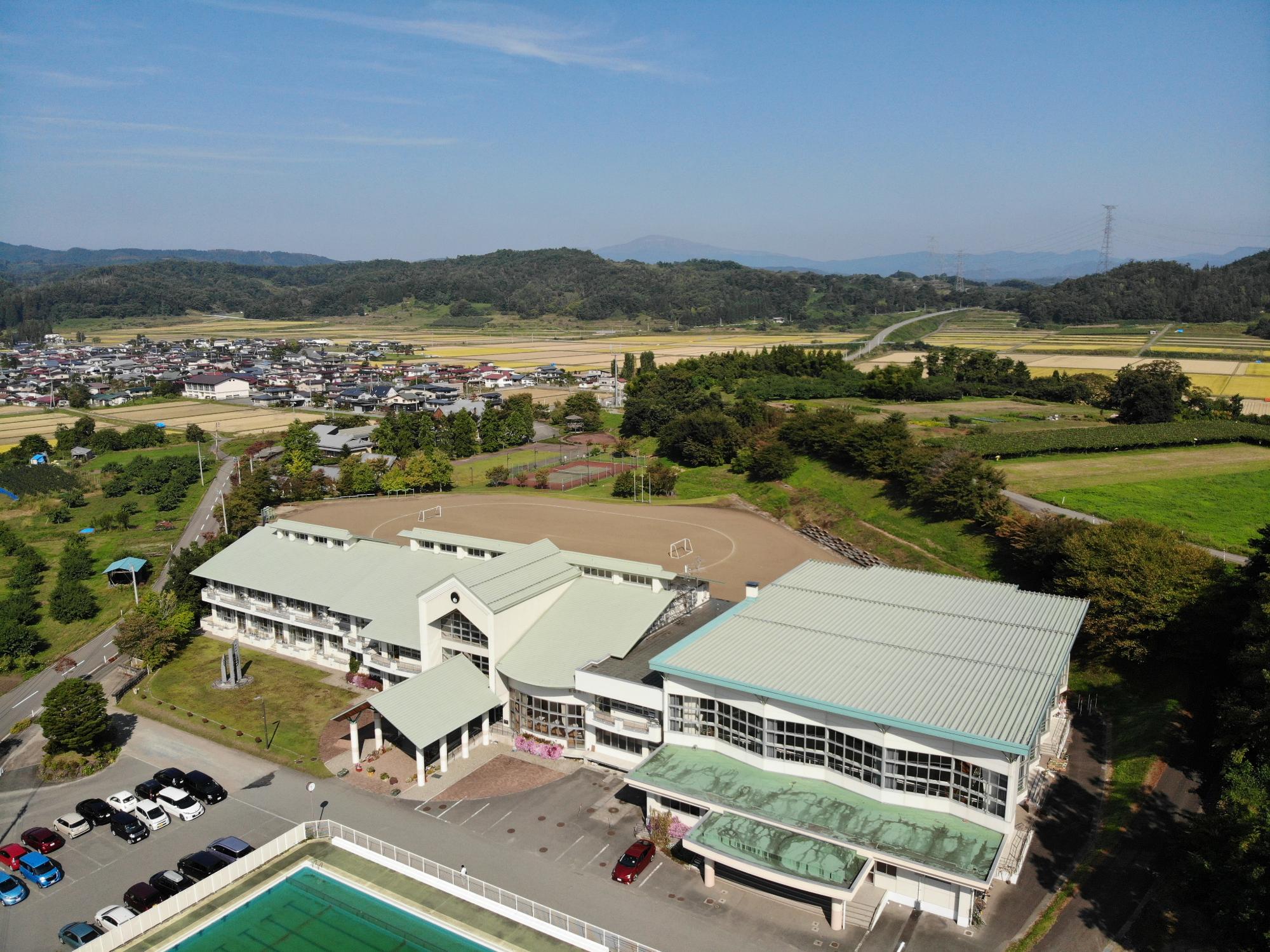 上空から見た大谷小と月山