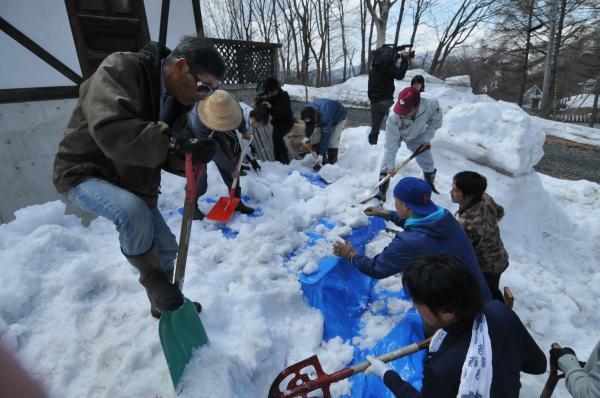 雪室りんごの掘り出し作業の様子の写真