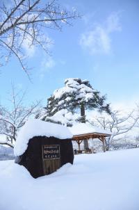 雪に覆われた冬の一本松公園入口の写真
