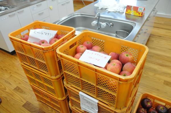 今大会の目玉である町特産のリンゴを準備する様子の写真1