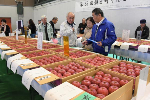 品評会に出品されたりんごの写真