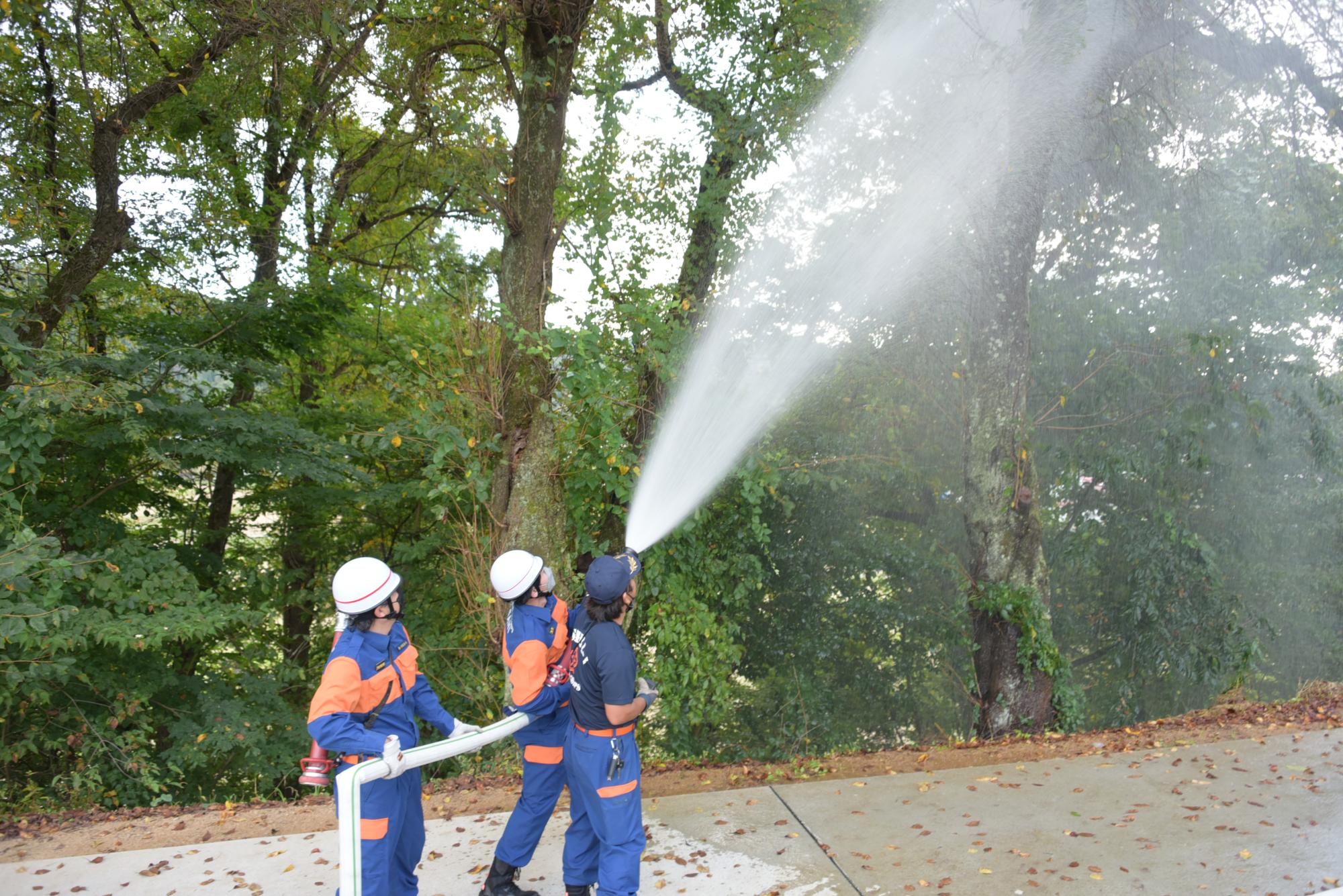 火事をふせぐため枯れ葉や樹木に水をかける消防団