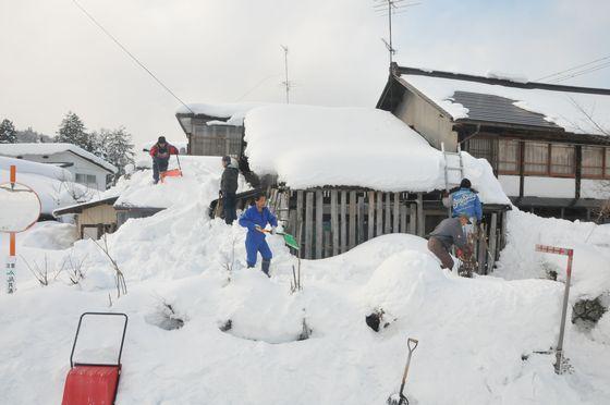5人がかりで手際よく作業を進める雪下ろし作業の様子の写真