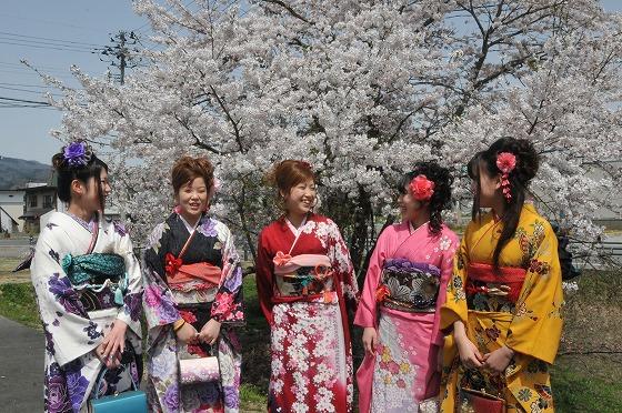 満開の桜をバックに談笑する新成人の写真