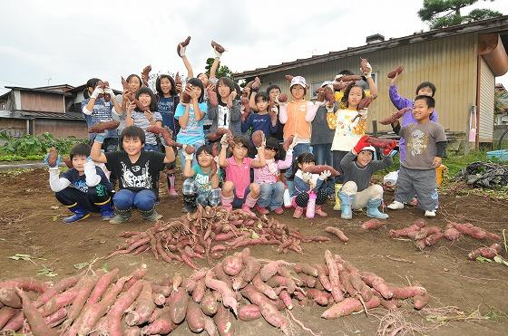 収穫されたサツマイモと子どもたちの写真