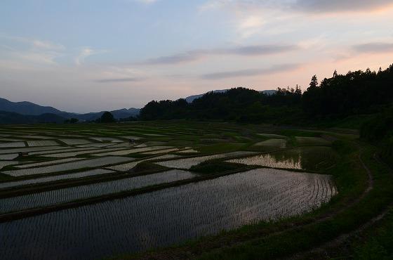 午後7時頃に田んぼ近くから椹平の棚田と一緒に大朝日岳を遠望する写真