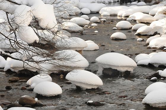 白い茸の様に雪が覆いかぶさった石の写真