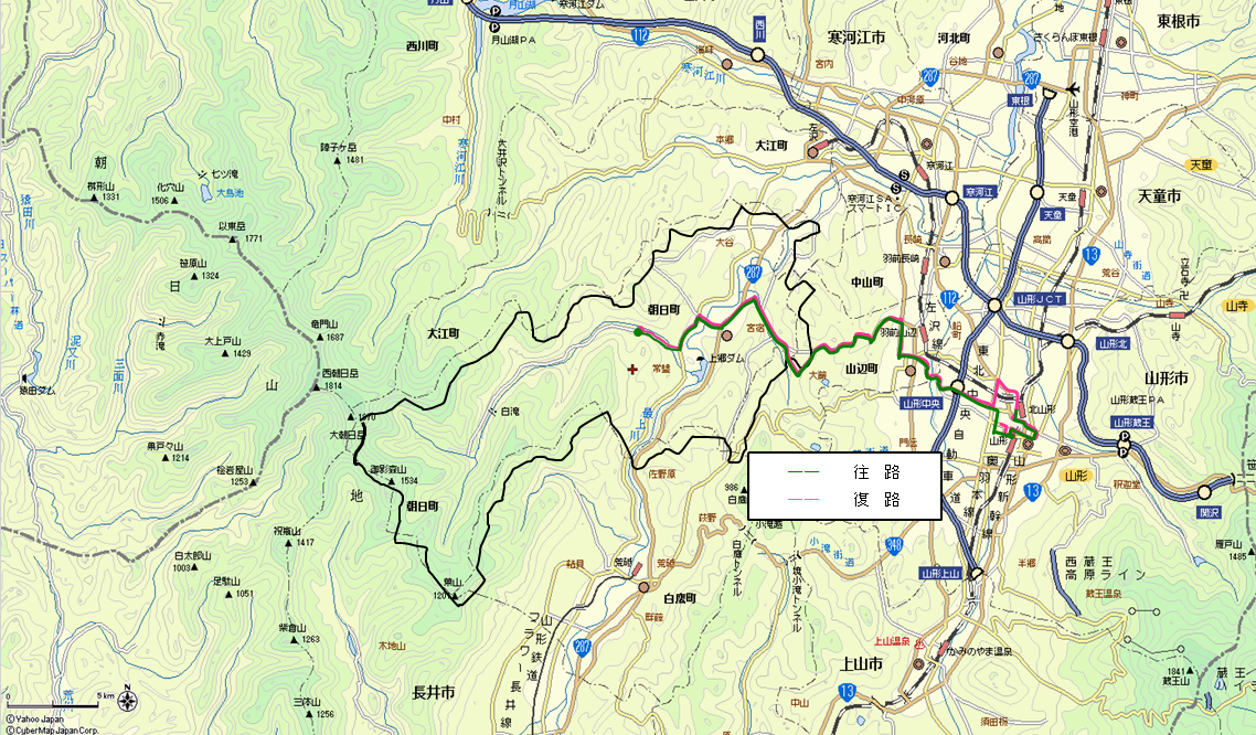 朝日町・山形市間直行バス経路全体図
