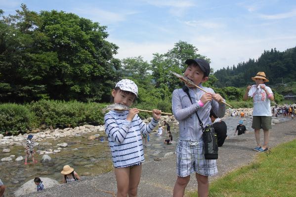 串に刺さった焼き魚を食べる子どもの画像2