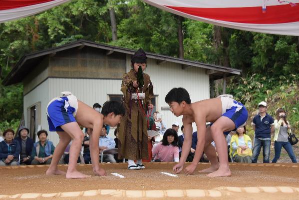 子ども行司が取り仕切り、見合っている様子の写真