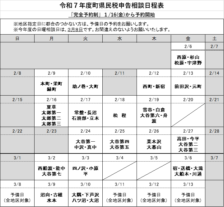 R7申告相談日程表