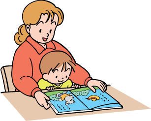 お母さんの膝の上で、机に置いた絵本を読んでもらっている赤ちゃんの写真