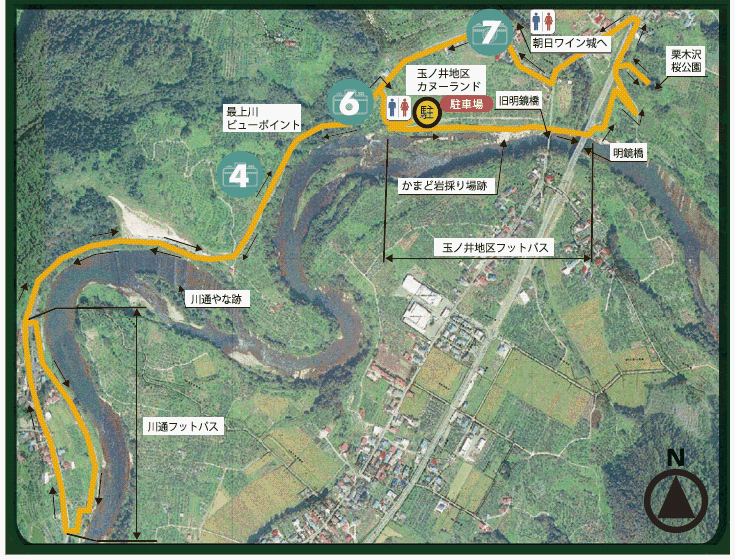 玉ノ井・川通舟運いにしえの小径の経路を示した航空地図